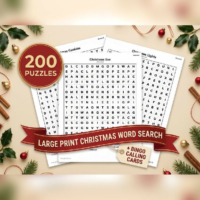 200 Large Print Christmas Word Searches + Bingo Calling Cards – Group Activity Set