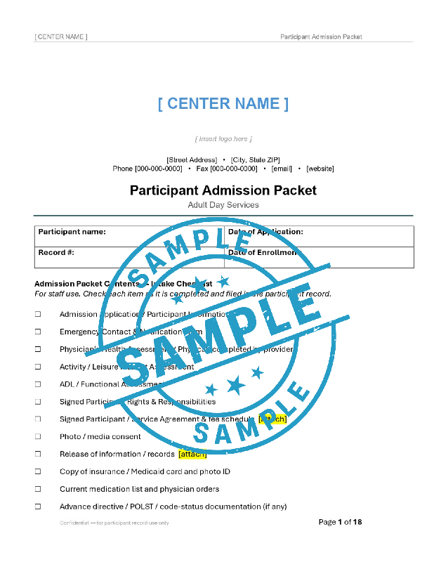 Adult Day Services Participant Admission Packet | Editable Word Intake Forms | Adult Day Care | Customizable Admission Forms