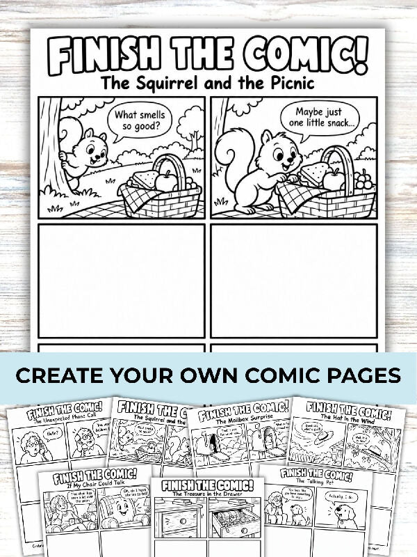 Finish the Comic, Create a Comic Book Coloring Page, Writing and Drawing Activity, 40 Story Panels, Printable Pages