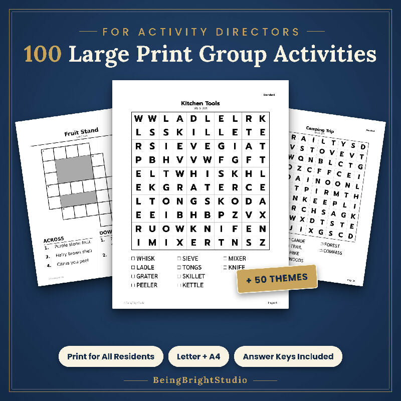 Extra Large Print Word Search & Crossword Activity Pack for Seniors, 100 Printable Puzzles, Facility Use License