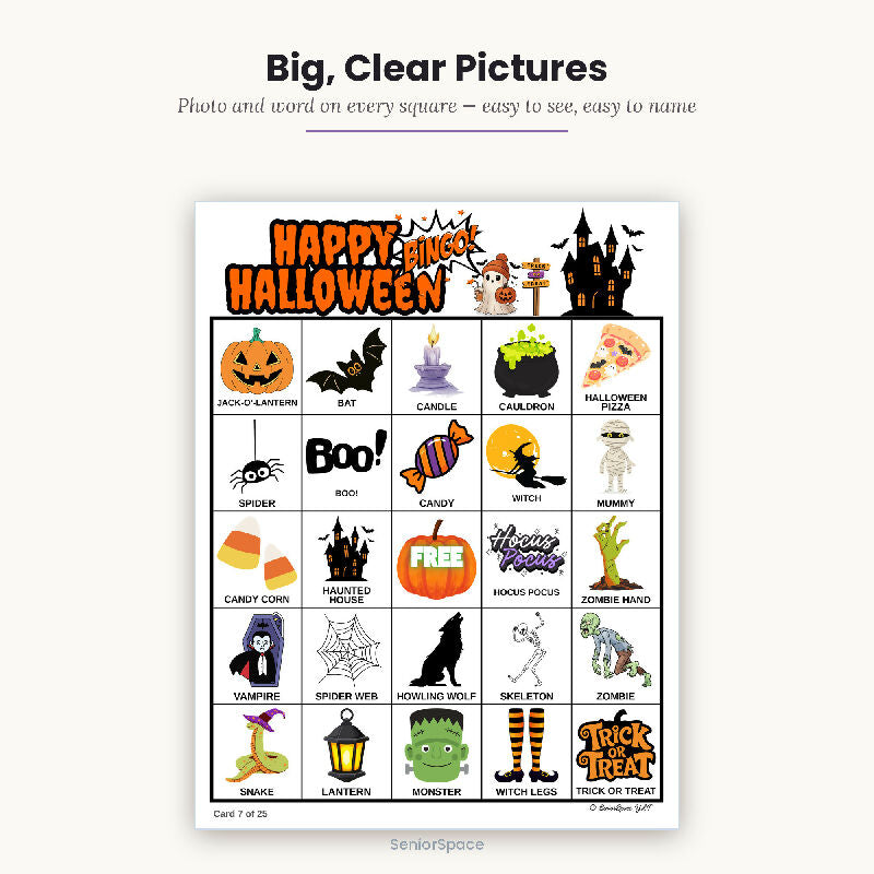 Printable Halloween Bingo for Seniors, 25 Unique Cards + 33 Call Cards with Clues, Senior Living October Activity, Download PDF