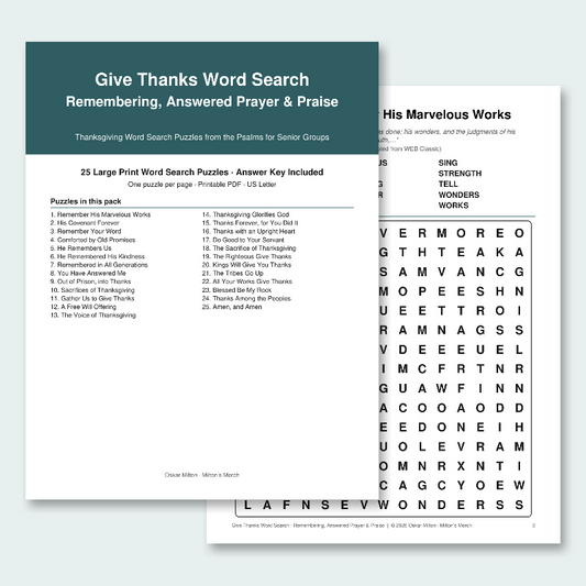 Thanksgiving Christian Word Search for Seniors, Remembering, Answered Prayer & Praise: 25 Large Print Gratitude Puzzles from the Psalms (Printable PDF)