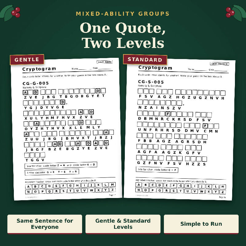 Christmas Cryptograms: 200 Large Print Puzzles in 2 Levels for Group Activities (Printable PDF, Letter + A4)