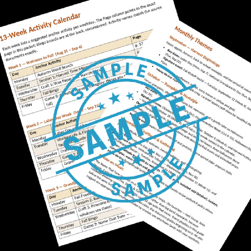 Fall Activity Programming Package for Senior Living, 13 Week Calendar, Memory Care Activities, Games Crafts Puzzles & Large Print Bingo