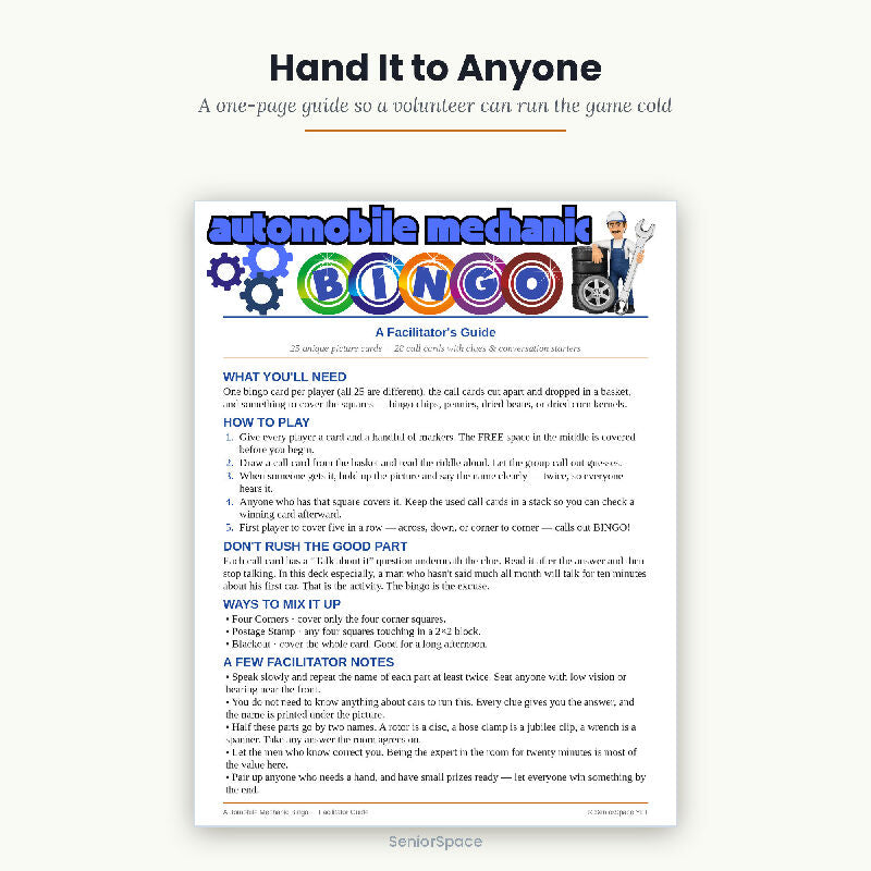 Mechanic Bingo for Seniors, Men's Club Activity, 25 Printable Cards, Call Cards with Clues, Nursing Home Game, Download PDF