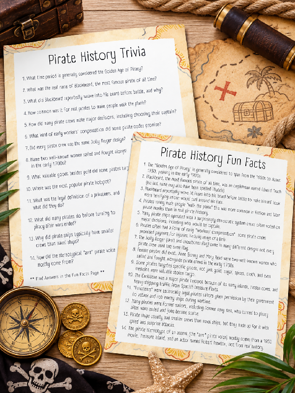 Pirate Fun Facts and Trivia, Fill in the Blank Game,  Word Scramble, Word Search, Printable Games