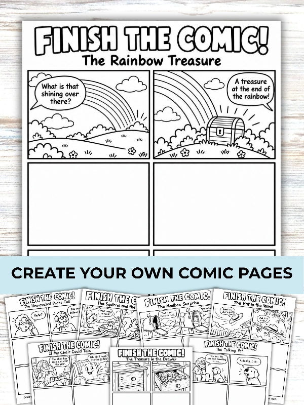 Finish the Comic, Create a Comic Book Coloring Page, Writing and Drawing Activity, 40 Story Panels, Printable Pages