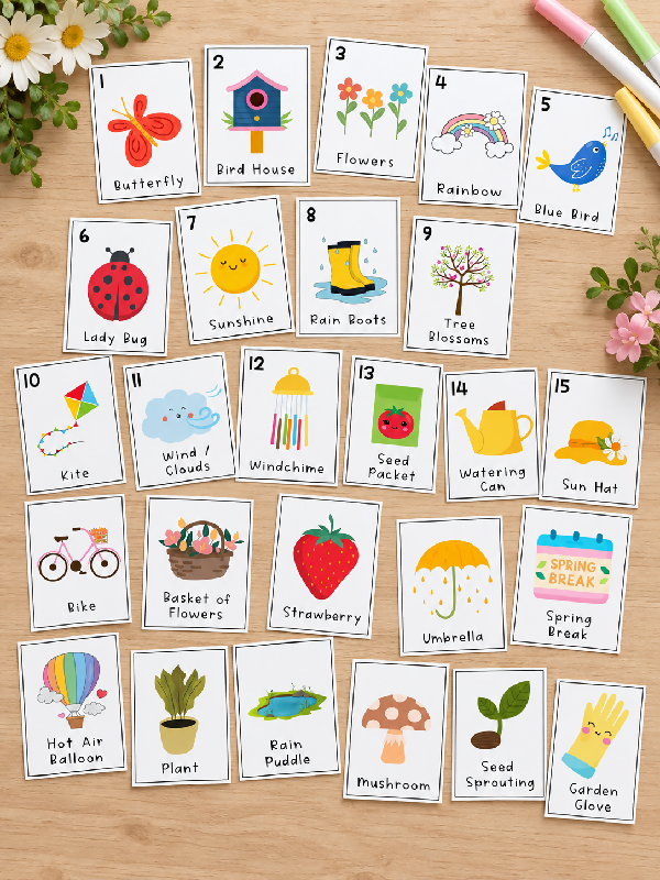 Spring Bingo & Reminiscing Card Game Bundle, 50 Boards, Scavenger Hunt, Memory Matching Flash Cards,  Easter Printable Activities, Playing Cards