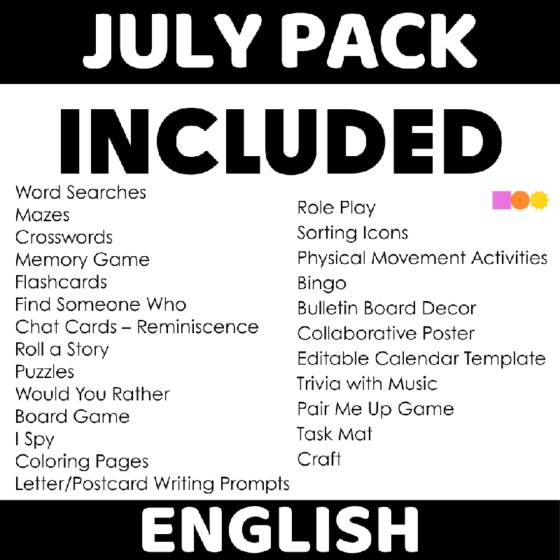 Month of July Bundle of 25 Activities - Freedom July - Printable and Digital Pack for Seniors