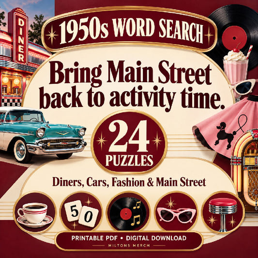 1950s Word Search — Diners, Cars, Fashion & Main Street | 24 Large Print Puzzles, PDF