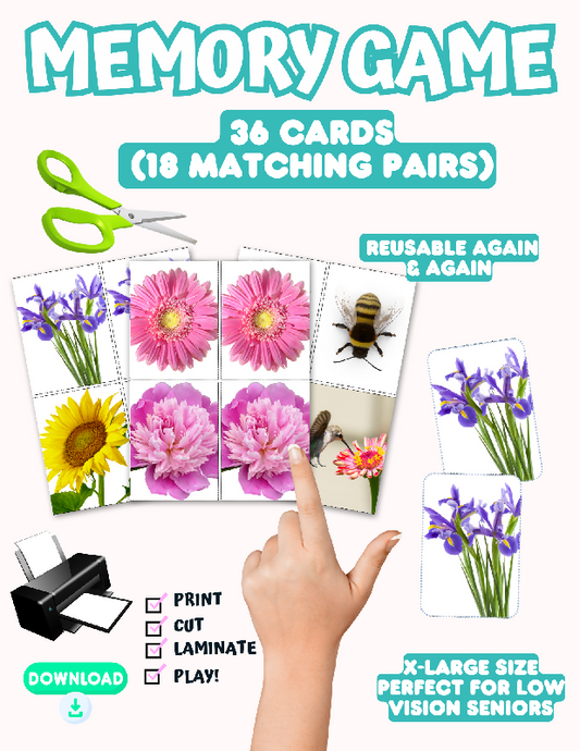 Flower Memory Matching Game for Seniors (36 Cards • 18 Pairs • Print & Play)