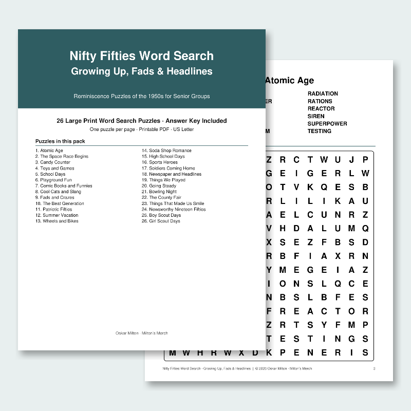 1950s Word Search for Seniors, Growing Up, Fads & Headlines: 26 Large Print Nostalgia Puzzles (Printable PDF)
