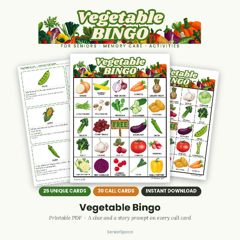 Vegetable Bingo for Seniors, 25 Printable Cards, Call Cards with Clues, Memory Care Activity, Nutrition Program, Instant Download