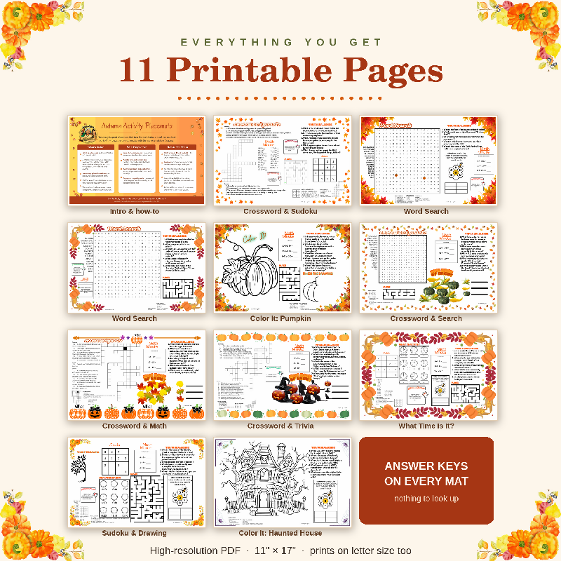 Fall Activity Placemats for Seniors, 10 Large Print Autumn Puzzles and Halloween Trivia, Nursing Home Activity Director Printable PDF