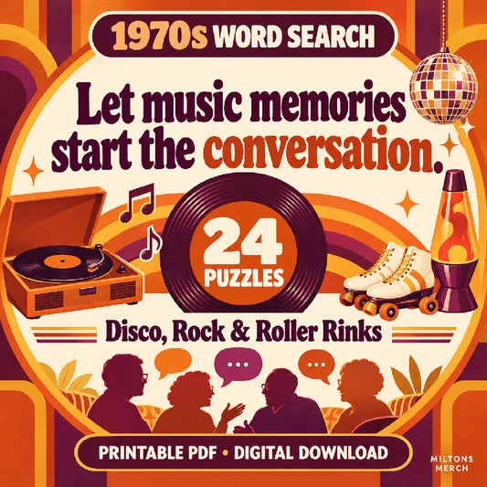 1970s Word Search — Disco, Rock & Roller Rinks | 24 Large Print Nostalgia Puzzles, PDF