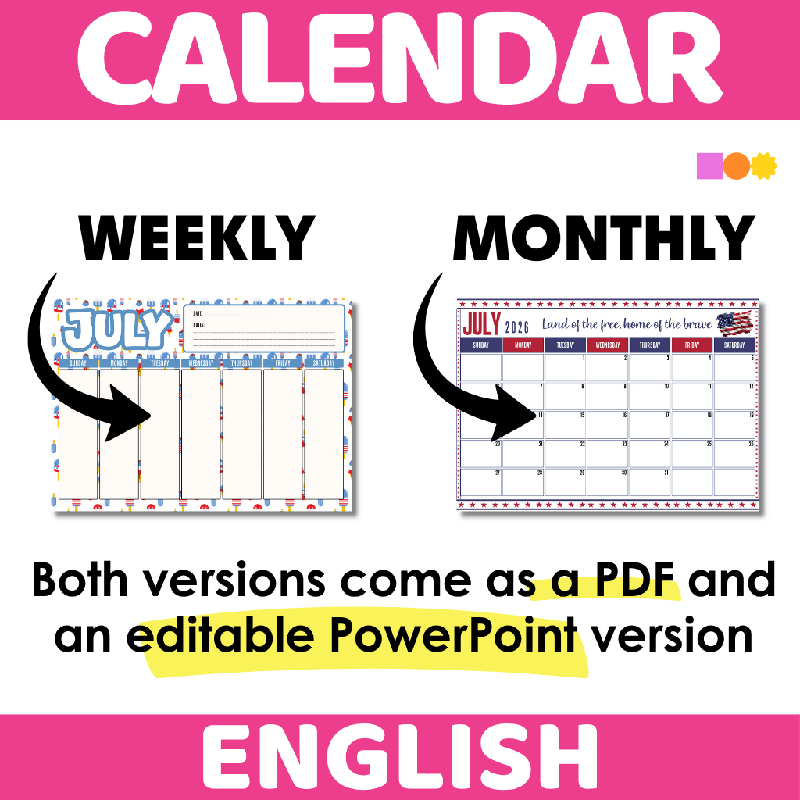 July Calendar for Planning and Organization of Activities - Weekly and Monthly Versions - PDF & Editable Digital