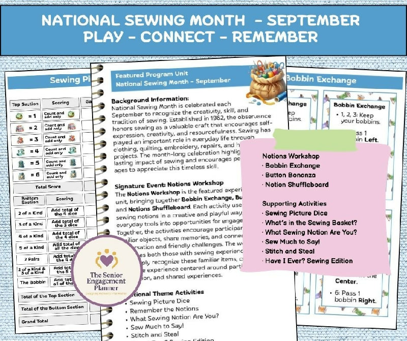 National Sewing Month Senior Activity Bundle | Sewing Engagement Program for Seniors | Notions Workshop | Assisted Living & Memory Care Activity Planner