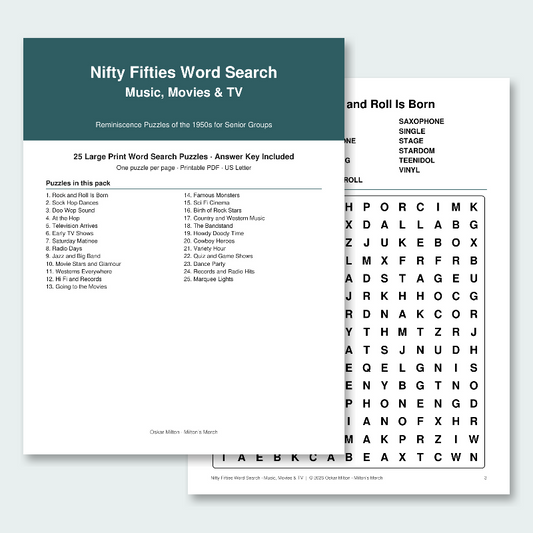 1950s Word Search for Seniors, Music, Movies & TV: 25 Large Print Nostalgia Puzzles (Printable PDF)