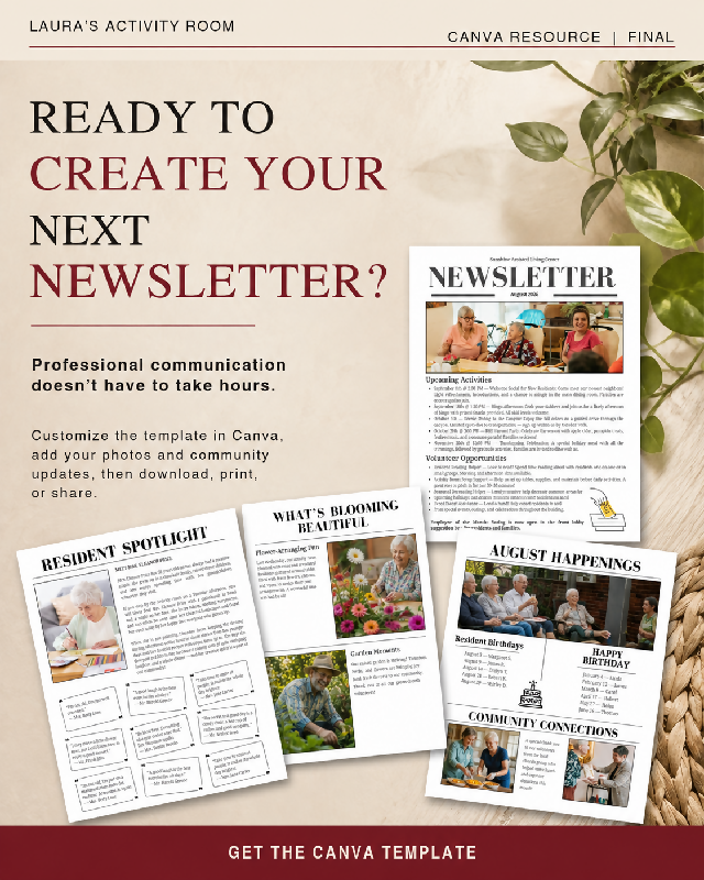 Newsletter for Activity Directors and Long Term Care Professionals, Alternative to Publisher - Editable Canva Template, Upcoming Activity Notices, Updates, Spotlights & More