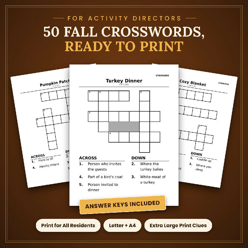 Fall Thanksgiving Crossword for Seniors, 50 Extra Large Print Puzzles, Answer Keys, US Letter and A4