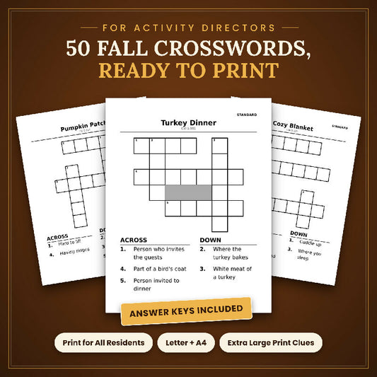 Fall Thanksgiving Crossword for Seniors, 50 Extra Large Print Puzzles, Answer Keys, US Letter and A4
