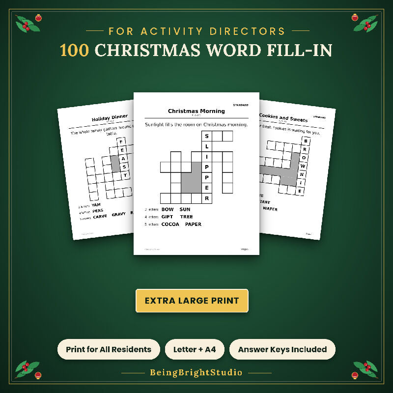 Extra Large Print Christmas Word Fill In for Seniors, 100 Printable Puzzles, Bonus Planner
