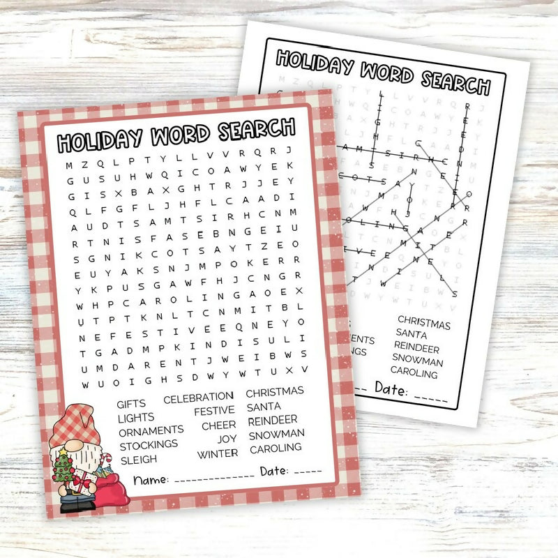Christmas Word Game Puzzle Printable Worksheet Bundle, Holiday Word Search, Word Scramble and Decoder Secret Message, Festive Party Activity