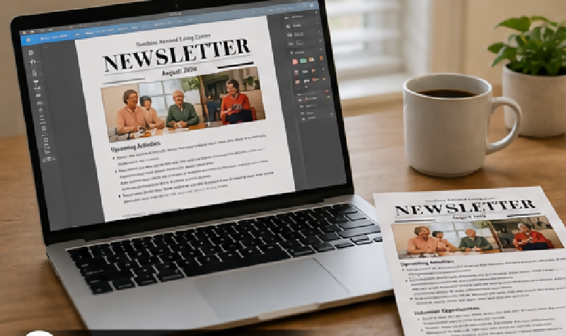 Newsletter for Activity Directors and Long Term Care Professionals, Alternative to Publisher - Editable Canva Template, Upcoming Activity Notices, Updates, Spotlights & More