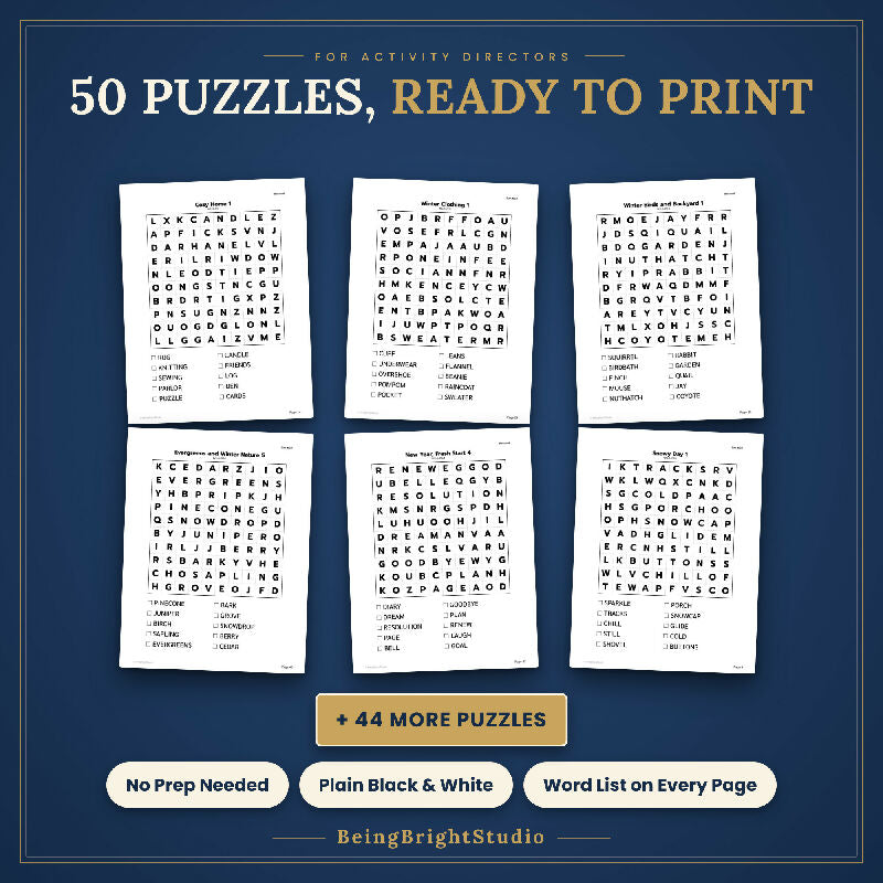 Extra Large Print Winter Word Search for Activity Directors, 50 Printable Puzzles, Bingo Calling Cards, Letter and A4