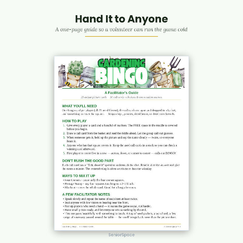 Gardening Bingo for Seniors, 25 Printable Cards, Call Cards with Clues, Memory Care Activity, Nursing Home, Instant Download