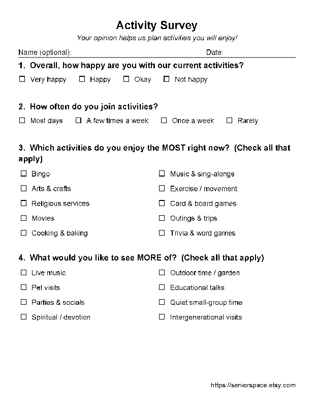 Resident Activity Survey Printable | Activity Director Resources | Nursing Home Forms | Senior Living Printable | Assisted Living Survey