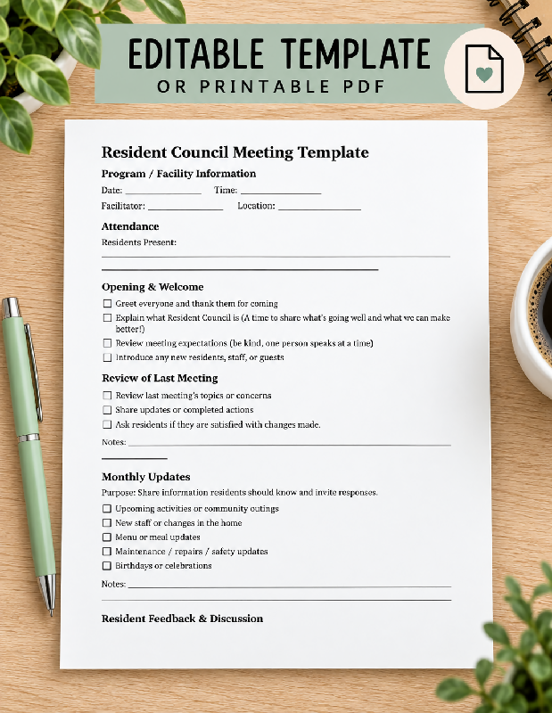 Resident Council Meeting Agenda, Editable Template with Notes and Staff Follow Up
