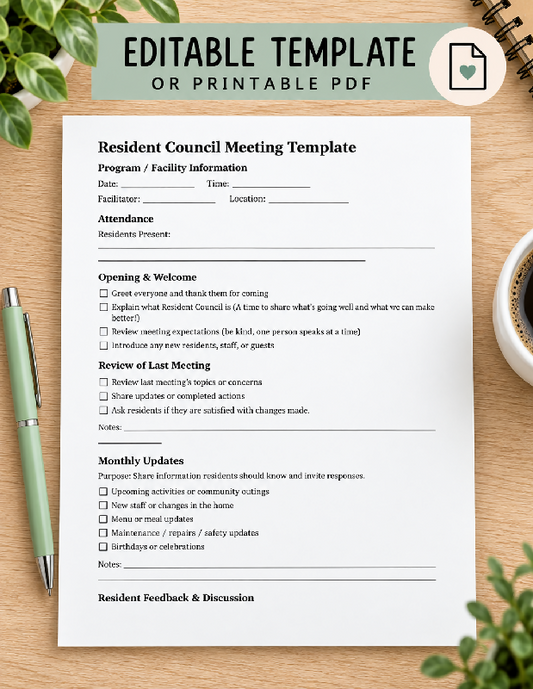 Resident Council Meeting Agenda, Editable Template with Notes and Staff Follow Up