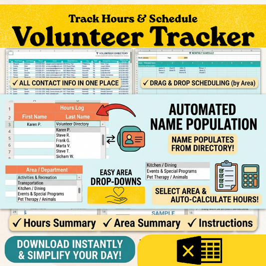 Volunteer Hours Tracker & Schedule Spreadsheet | Excel Google Sheets | Nursing Home Senior Living Nonprofit Activities Director Template