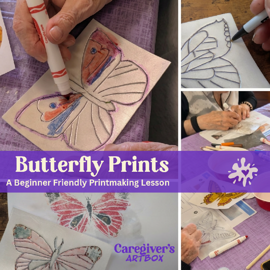 Coloring a butterfly pattern on foam printing plate with marker and below the print made