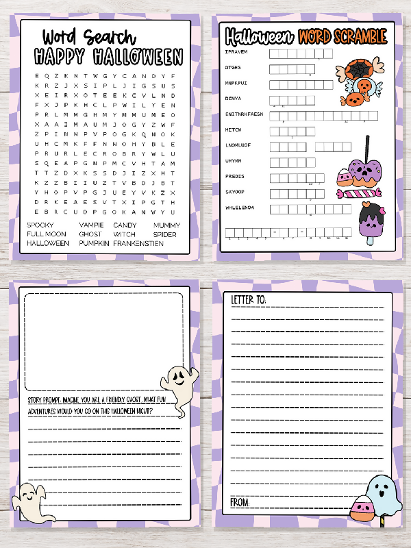 Individual Word Activities for Halloween: Word Search, Word Scramble, Story Prompts, Stationary Template,