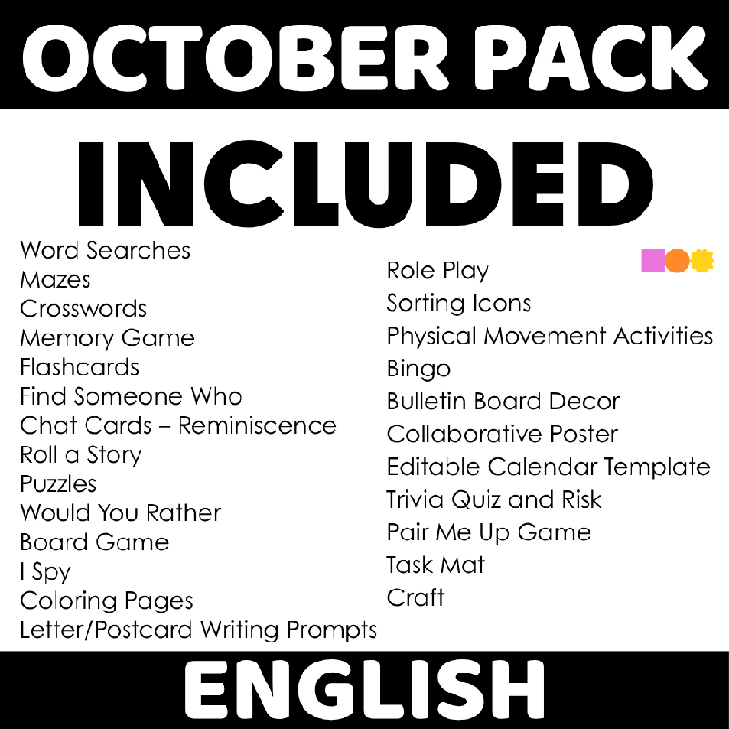October Pack of Activities for Seniors Bundle | Activities, Games, Trivia, Bingo, Crafts, Reminiscence, Conversation Starters, Cognitive Stimulation, Assisted Living, Nursing Home, Memory Care & Senior Center Full Packet of Activities Halloween Themed
