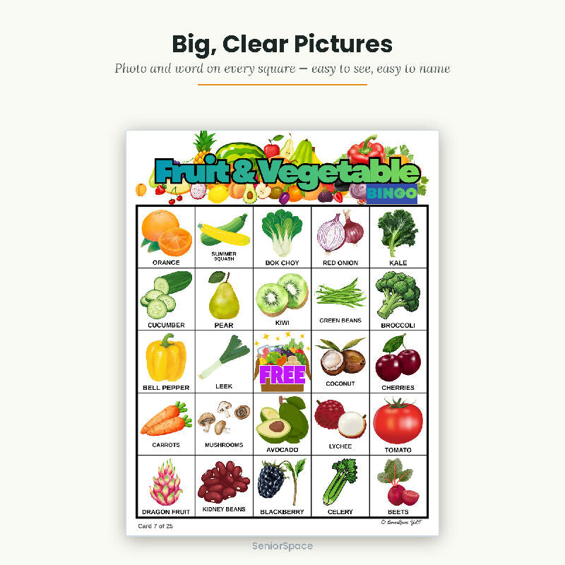 Fruit and Vegetable Bingo for Seniors, 25 Printable Cards, 58 Call Cards with Clues, Memory Care Activity, Instant Download