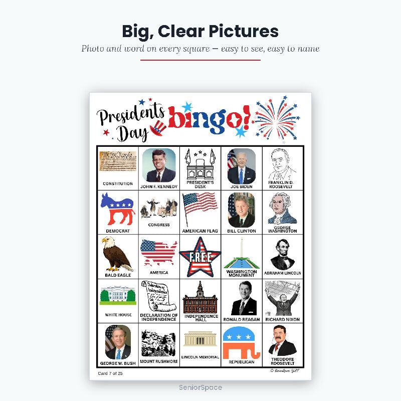 Presidents Day Picture Bingo, 25 Printable Cards, Call Cards with Clues, Discussion Questions Included
