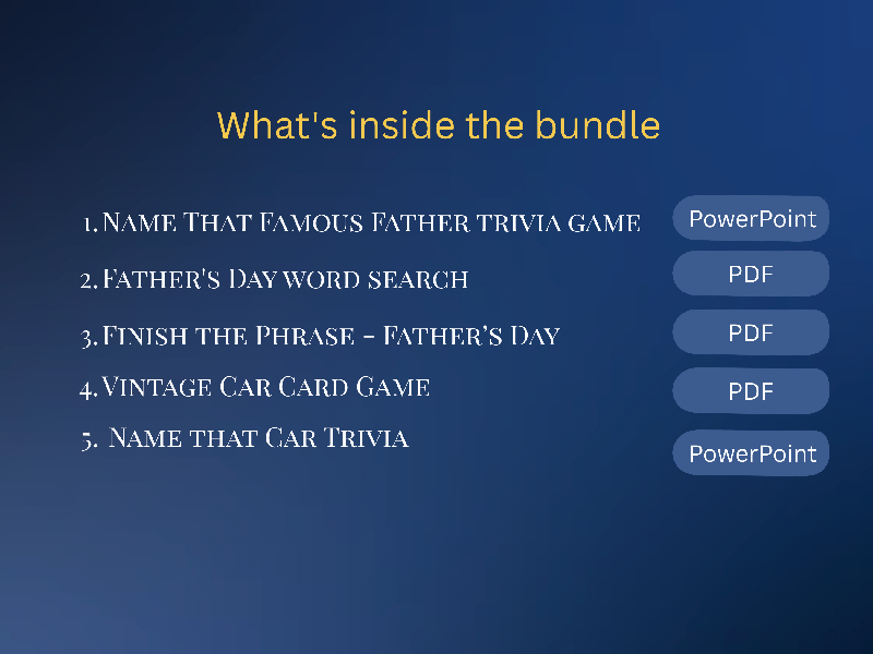 name that famous father, vintage car trivia, father's day word search, finish the phrase and vintage car trivia card game