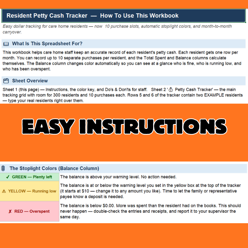 Petty Cash Tracker for Care Homes, Resident Funds Excel Spreadsheet, Personal Needs Money Log, Assisted Living Group Home Admin Template