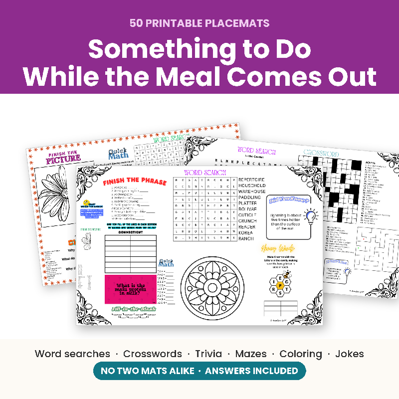 50 Activity Placemats for Seniors, Large Print Puzzles, Nursing Home Activity Director Printable, Memory Care Digital Download