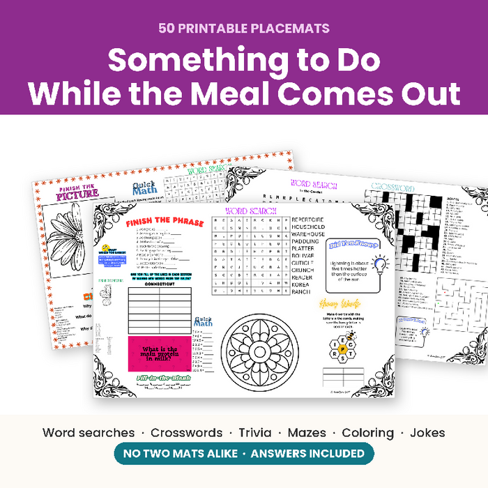 50 Activity Placemats for Seniors, Large Print Puzzles, Nursing Home Activity Director Printable, Memory Care Digital Download