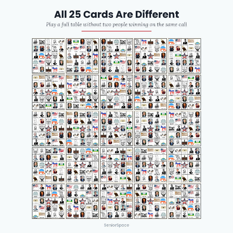 Presidents Day Picture Bingo, 25 Printable Cards, Call Cards with Clues, Discussion Questions Included