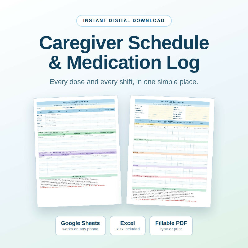 Simple Caregiver Schedule & Medication Log, Editable Google Sheets Excel & Fillable PDF, Medication Tracker for Elderly Parent Care, Printable