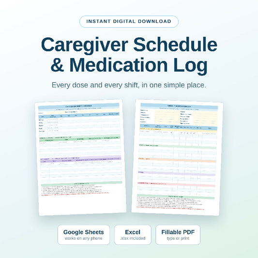 Simple Caregiver Schedule & Medication Log, Editable Google Sheets Excel & Fillable PDF, Medication Tracker for Elderly Parent Care, Printable