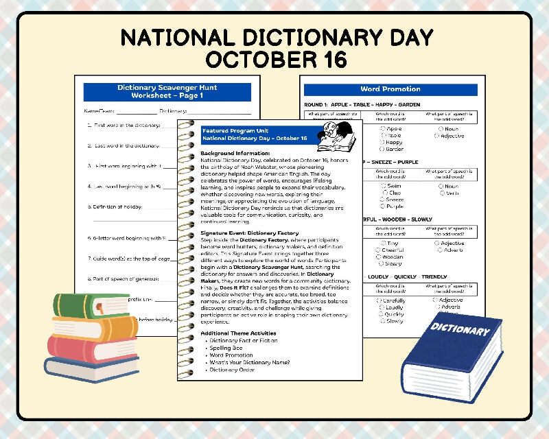 October Activity Plans for Seniors, Done-for-You, International Frugal Fun Day, National Dictionary Day & National Nut Day Engagement Activities for Senior Living
