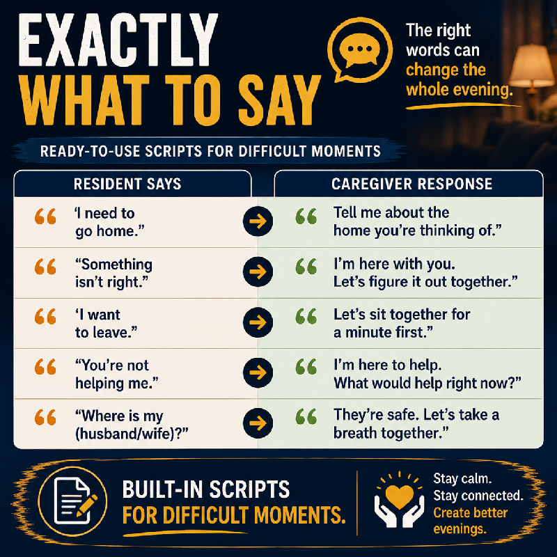 Exactly what to say — ready-to-use scripts for difficult sundowning moments — I need to go home something isn't right I want to leave you're not helping me where is my husband wife — built-in caregiver response scripts