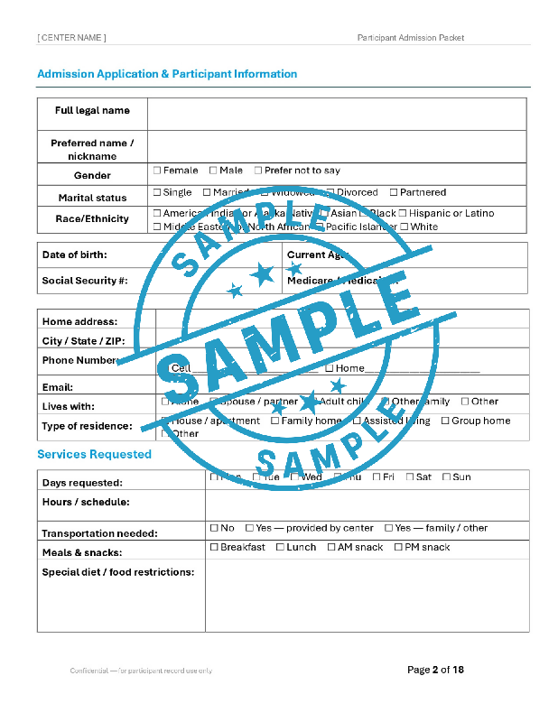 Adult Day Services Participant Admission Packet | Editable Word Intake Forms | Adult Day Care | Customizable Admission Forms