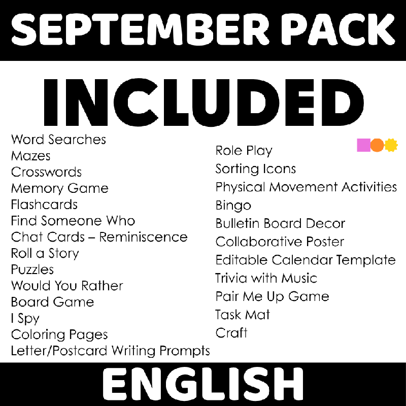 September Pack of Activities for Seniors Bundle | Activities, Games, Trivia, Bingo, Crafts, Reminiscence, Conversation Starters, Cognitive Stimulation, Assisted Living, Nursing Home, Memory Care & Senior Center Full Packet of Activities